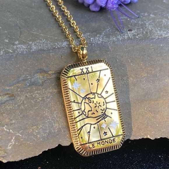 World 18k Gold Plated Stainless Steel Tarot Necklace Tarnish Free - Picture 1 of 5